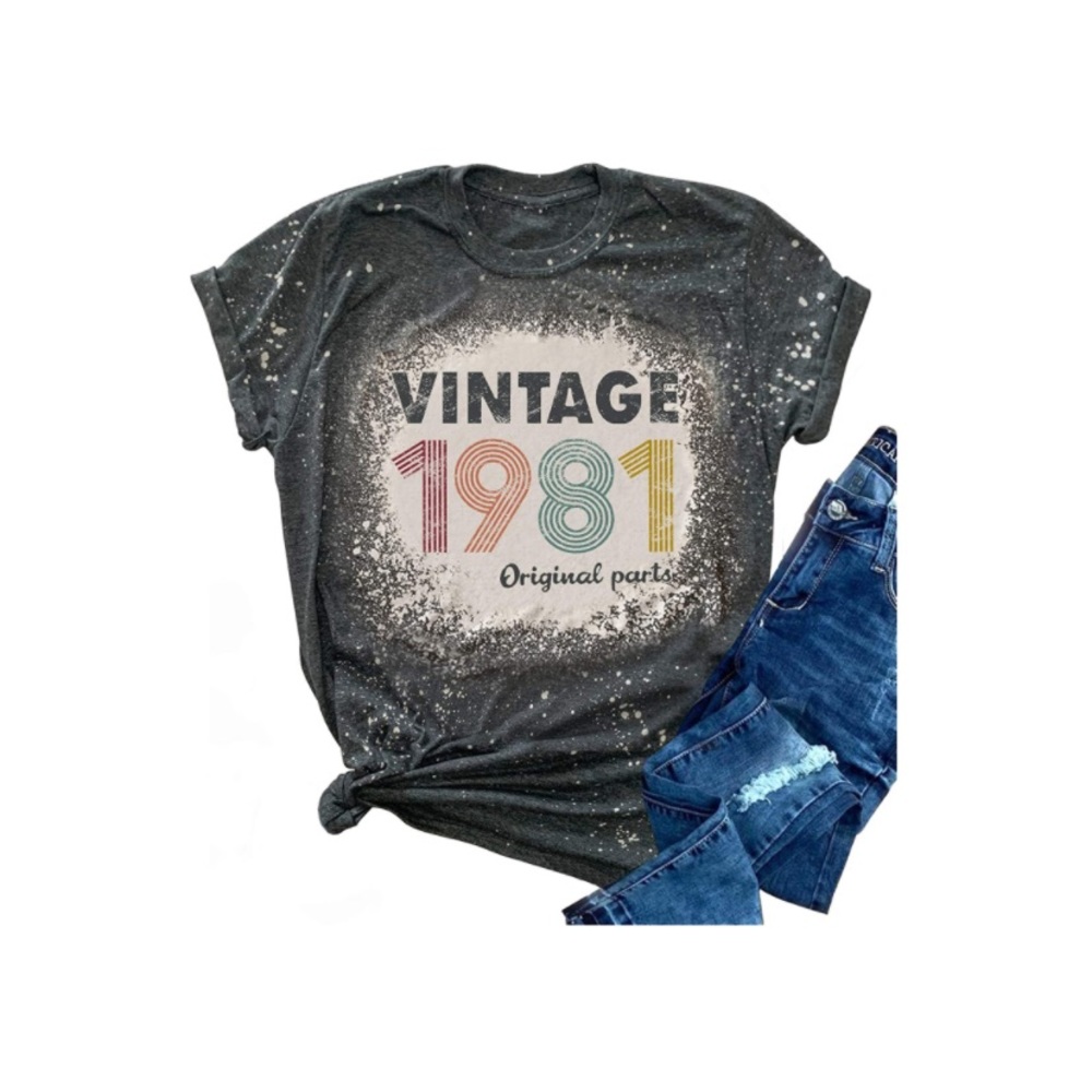 Women’s t-shirt “Vintage 1981”. Gray shirt with white splatter print.
